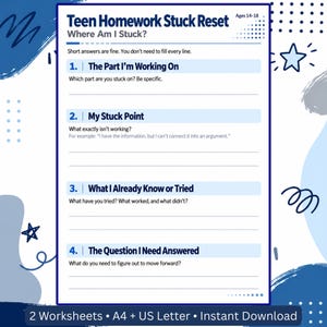 ADHD Homework Stuck Reset for Teens Ages 14–18, Problem Solving Worksheets, Executive Function Printable, Study Support