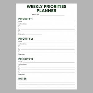 Agenda settimanale stampabile con le priorità principali, i 3 obiettivi principali e le relative azioni da intraprendere, 1 pagina in PDF, formato A4 e US Letter.