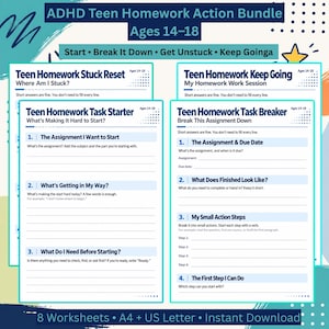Może przedstawiać: Cyfrowy zestaw ADHD Teen Homework Action Bundle dla osób w wieku 14-18 lat, zawierający arkusze Teen Homework Stuck Reset, Task Starter, Keep Going i Task Breaker z miejscem na szczegóły zadań, terminy oddania oraz planowane kroki działania.