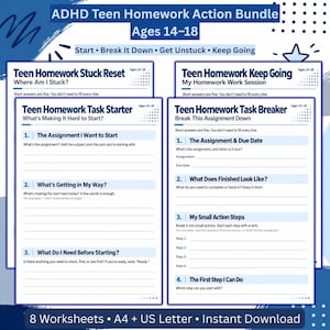 Pacchetto di strumenti per la pianificazione dei compiti per ragazzi con ADHD dai 14 ai 18 anni, con 8 schede di lavoro per l'avvio dei compiti, la suddivisione degli incarichi e le funzioni esecutive.