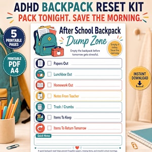 Kit de reorganización de mochilas para TDAH, organizador de mochilas escolares, rutina escolar para niños, PDF imprimible A4
