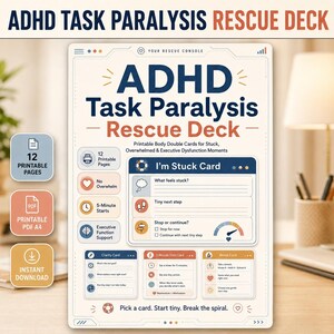ADHD Task Paralysis Rescue Deck, Body Doubling Cards, 5-Minute Start, Executive Function PDF