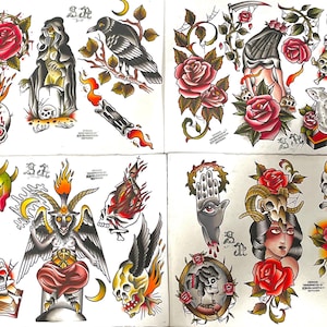 May include: Five flash sheet tattoo designs featuring traditional tattoo imagery. The designs include a skull with flames, a crow, a rose, a hand with an eye, and a devil with wings. The sheets are printed on white paper with black ink.