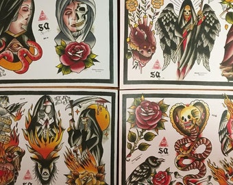 May include: Set of eight vintage-style tattoo flash prints featuring various images including a devil, a skull, a snake, a crow, a heart, a reaper, and roses. The prints are in black and red ink on white paper.