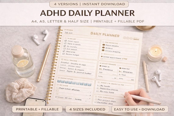 ADHD Daily Planner – Minimalist Beige & Gold Printable | Stay Focused, Reduce Overwhelm and Organize Your Life