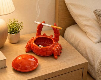 Red Ceramic Crab Ashtray with Lid | Funny Smoker Gift for Him | Novelty Home Decor