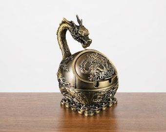 Dragon Zodiac Metal Ashtray with Lid, Windproof Ashtray, Vintage Style Home Decor Gift