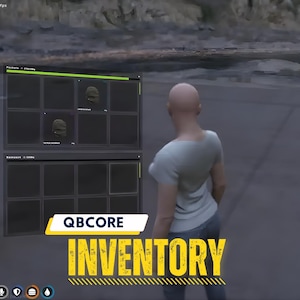 Puede incluir: Una captura de pantalla de la interfaz de un videojuego que muestra una pantalla de inventario. La pantalla muestra varias ranuras de objetos, incluidos bolsillos y una mochila, con algunas ranuras que contienen objetos. El texto "QBCORE INVENTORY" se muestra en amarillo.