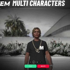 May include: A digital rendering of a person in a black t-shirt with a gold chain and the letter "M". The text "FIVE M MULTI CHARACTERS" is at the top. The image has a blurred background with the words "PLAY" and "DELETE" at the bottom.