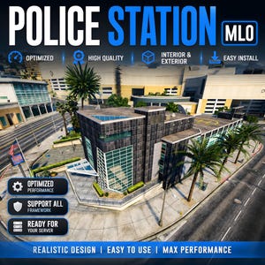May include: A digital rendering of a modern police station with the text "POLICE STATION MLO". The building features a dark facade, glass windows, and palm trees. Text on the image includes "OPTIMIZED PERFORMANCE", "SUPPORT ALL FRAMEWORK", and "READY FOR YOUR SERVER".