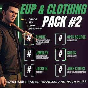 Può includere: Immagine promozionale per EUP & Clothing Pack #2, con un uomo che tiene una mazza da baseball. L'immagine include testo su abbigliamento, gioielli, giacche, scarpe e lavori. La parte inferiore dell'immagine elenca cappelli, maschere, pantaloni, felpe con cappuccio e altro.