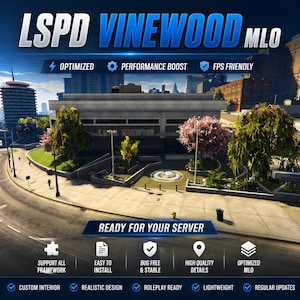 May include: A digital rendering of a building with the text "LSPD VINEWOOD MLO." The image includes the words "Optimized," "Performance Boost," and "FPS Friendly." Additional text reads "Ready for Your Server," with features like "Support All Framework" and "Custom Interior."