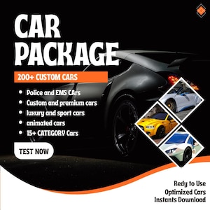 May include: A black graphic with the text "CAR PACKAGE" and "200+ CUSTOM CARS". The image features a dark gray sports car and several smaller car images. Text includes "Police and EMS Cars", "Custom and premium cars", and "TEST NOW".