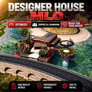 May include: A digital rendering of a modern red house with palm trees, a helipad, and a bridge. The text "DESIGNER HOUSE MLO" is at the top, with additional text indicating features like "OPTIMIZED" and "HIGH QUALITY DETAILS".