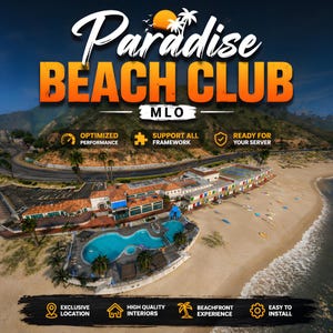 May include: An aerial view of a beach club with the text "Paradise BEACH CLUB MLO". The image features a beach, ocean, and buildings with a pool. Additional text includes "Optimized Performance", "Support All Framework", and "Ready For Your Server".