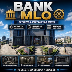 May include: A digital rendering of a bank building with the text "BANK MLO" in large, bold letters. The image highlights features like optimized performance, secure vaults, and custom rooms, perfect for roleplay servers.