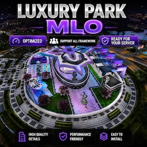 May include: An aerial view of a modern park design with the text "LUXURY PARK MLO". The design features a central star-shaped structure, walkways, and buildings. Text on the image includes "OPTIMIZED", "SUPPORT ALL FRAMEWORK", and "READY FOR YOUR SERVER".