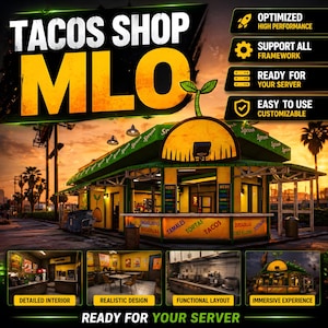 May include: A digital rendering of a taco shop with the text "TACOS SHOP MLO" in large yellow letters. The shop has a green and yellow color scheme, with menu boards and detailed interior and exterior views. The image also includes text about optimization and server readiness.
