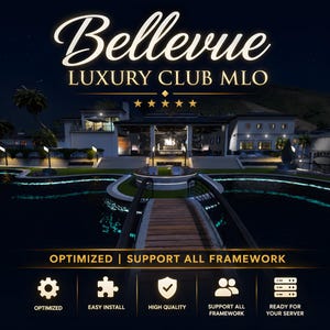 May include: An illuminated image of a luxury club with the text "Bellevue LUXURY CLUB MLO". The image features a bridge over a body of water, a building, and icons with text such as "Optimized" and "Easy Install".