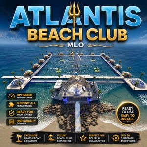 May include: An aerial view of a beach club with the text "ATLANTIS BEACH CLUB MLO" in blue and gold. The image shows a detailed rendering of a beach club with various features, including buildings, docks, and a statue in the water. Additional text includes "Optimized Performance" and "Ready to Use Easy to Install."