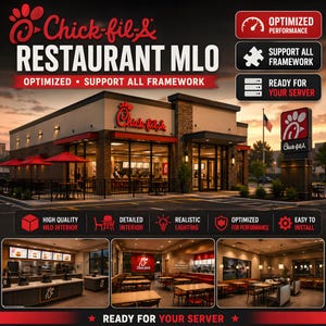 Puede incluir: Vistas exteriores e interiores de un restaurante Chick-fil-A. La imagen presenta la fachada del restaurante con toldos rojos, un letrero y el texto "RESTAURANT MLO". Las tomas interiores muestran el mostrador, las zonas de estar y el texto "READY FOR YOUR SERVER".