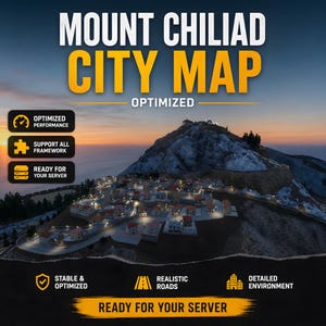 May include: A digital city map titled "Mount Chiliad City Map" with the word "Optimized" in yellow. The image features a mountain with a town, and icons indicating optimized performance, framework support, and server readiness. The text "Ready for your server" is also present.