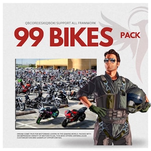 May include: Image promoting a motorcycle mod pack. The text reads "99 BIKES PACK" in large red letters. A man in a flight suit and sunglasses holds a helmet. The background shows a large gathering of motorcycles. The text at the bottom describes the mod's features.