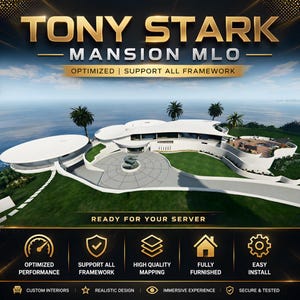 Può includere: Vista aerea di un moderno palazzo bianco con un design circolare, palme e oceano sullo sfondo. Il testo "TONY STARK MANSION MLO" è in alto, con informazioni aggiuntive su prestazioni ottimizzate e mappatura di alta qualità.