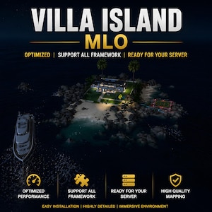 May include: A digital rendering of a tropical island with a modern villa, a helipad, and a yacht. The text "VILLA ISLAND MLO" is at the top, with supporting text below. The image also includes icons and text promoting features like optimized performance.