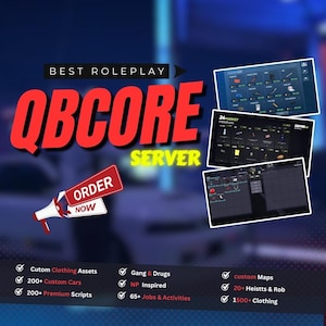 May include: A promotional image for a QBCORE server, featuring the text "QBCORE SERVER" in red and yellow. The image includes screenshots of in-game interfaces, along with a red "ORDER NOW" button. Additional text highlights features like custom clothing assets, custom maps, and various activities.