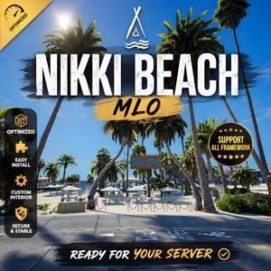May include: A digital advertisement for "Nikki Beach MLO" against a backdrop of palm trees and a beach scene. The image includes text such as "Optimized," "Easy Install," and "Ready for Your Server," along with a logo and a five-star rating.