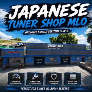 May include: A digital rendering of a blue and gray building with the text "JAPANESE TUNER SHOP MLO" and "LIBERTY WALK". The image includes icons for optimized performance, tuner style, framework support, and server readiness. Text reads "Optimized & Ready for Your Server" and "Perfect for Tuner Roleplay Servers".