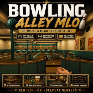 Puede incluir: Imagen que promociona un entorno de bolera. El texto dice "BOWLING ALLEY MLO" con texto adicional: "OPTIMIZADO Y LISTO PARA TU SERVIDOR". La imagen muestra una bolera con interiores detallados, diseño realista y salas personalizadas. El texto también dice "PERFECTO PARA SERVIDORES DE JUEGO DE ROL".