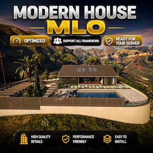 May include: An image promoting a modern house design, featuring a house with a pool, surrounded by a landscape. The text "MODERN HOUSE MLO" is prominently displayed, along with phrases like "OPTIMIZED" and "READY FOR YOUR SERVER."
