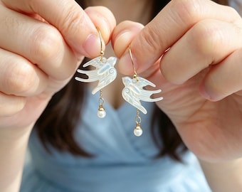 White Mother of Pearl Swallow Pearl Hook Dangle Earrings for Women, Delicate Swallow Bird Jewelry with Pearls, Handmade Swallow Jewelry