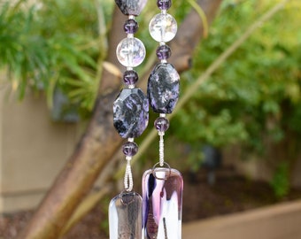 Purple, Pink and Black Stone and Glass Wind Chime | Outdoor Decor | Backyard Art | Housewarming Gift