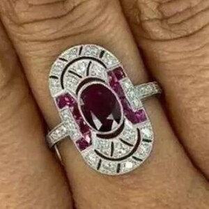 Vintage Art Deco Oval Ruby Ring with Diamond Halo, 14k White Gold, Unique Antique Style Anniversary Gift for Her, 925 Sterling Silver