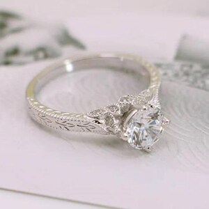 Vintage Inspired Hand Engraved Diamond Ring, 14k White Gold Wheat Pattern Filigree Engagement Ring, Milgrain Solitaire Ring, Antique Style