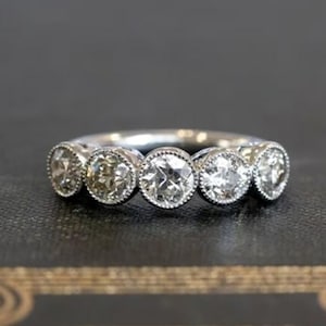 Vintage Five Stone Diamond Wedding Band, 14k White Gold Bezel Set Anniversary Ring, Antique Style Milgrain Stacking Band, Round Cut