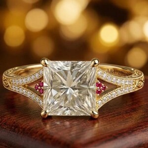 Princess Cut Moissanite Engagement Ring Yellow Gold, Vintage Ruby Accent Bridal Ring, Art Deco Engraved Wedding Ring, Unique Princess