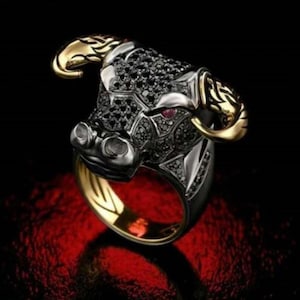 Two Tone Bull Ring Men, Solid Gold and Blacked Silver Bull Head Ring, Mens Diamond and Ruby Statement Ring, Zodiac Taurus Jewelry