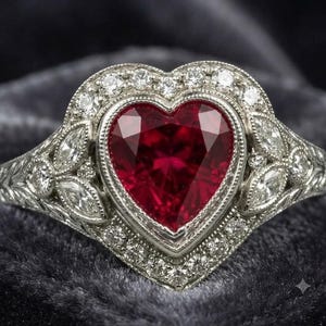 Pode incluir: Um anel de tom prateado com uma grande pedra preciosa vermelha em forma de coração no centro. A pedra é rodeada por um halo de pequenas pedras brancas redondas e acentuada com pedras brancas de corte marquise na banda com detalhes gravados.