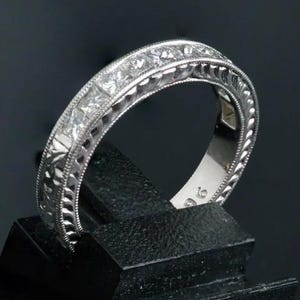 Princess Cut Diamond Eternity Band, 14k White Gold Channel Set Wedding Ring, Vintage Style Milgrain Stacking Band, Princess Cut Anniversary