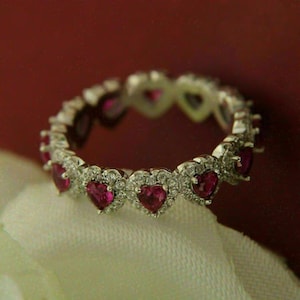 Trillion Cut Pink Ruby Eternity Band, White Gold Crown Ring For Women, Sterling Silver Halo Wedding Band, Unique Zig Zag Stacking Ring Gift