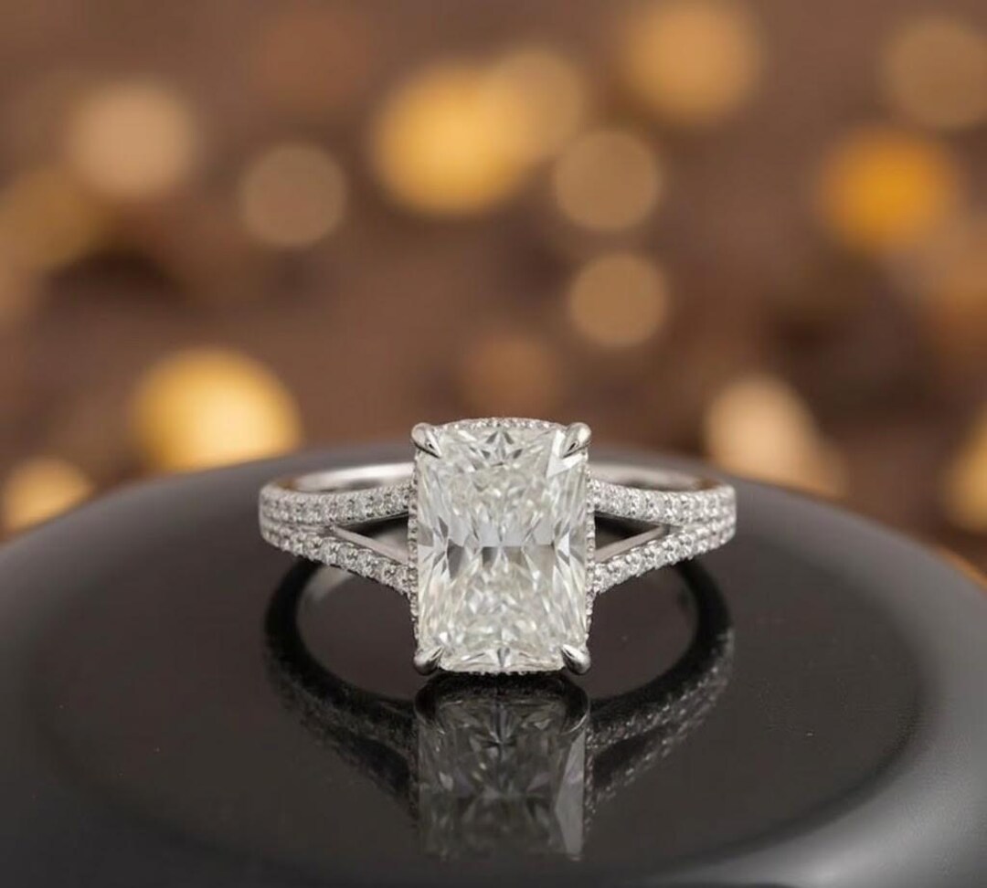 Radiant Cut Moissanite Engagement Ring White Gold, Hidden Halo Split ...