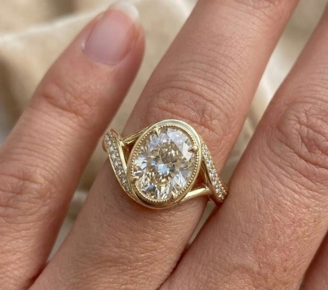 Oval Cut Moissanite Engagement Ring, 14k Yellow Gold Bezel Set Swirl ...