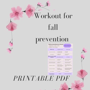 Può includere: Una guida di allenamento PDF stampabile per la prevenzione delle cadute. La guida include un piano di allenamento con esercizi per la circolazione, l'equilibrio e la forza. Accenti floreali rosa incorniciano il testo su sfondo grigio chiaro.