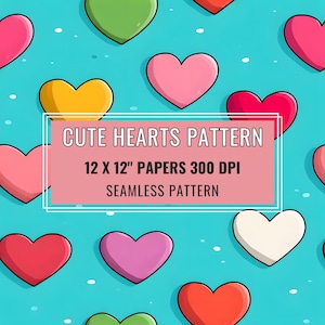 Seamless Rainbow Hearts Pattern, Colourful Digital Paper, Bold Glossy Cartoon Heart Gift Wrap, Fabric Design, Valentine's Day [12x12"]