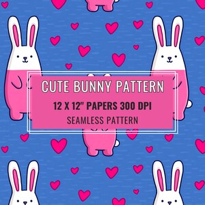 Wzór w serduszka króliczków bez szwu, uroczy papier cyfrowy z motywem króliczka kawaii, wesoły różowo-niebieski papier do pakowania prezentów, dekoracja wielkanocna, wzór tkaniny [12x12 cali]