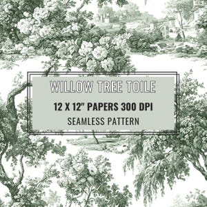 May include: A seamless pattern featuring a classic toile design in shades of green and white. The pattern includes illustrations of trees, flowers, and a landscape scene. The text "WILLOW TREE TOILE 12 X 12" PAPERS 300 DPI SEAMLESS PATTERN" is displayed in a rectangular box.